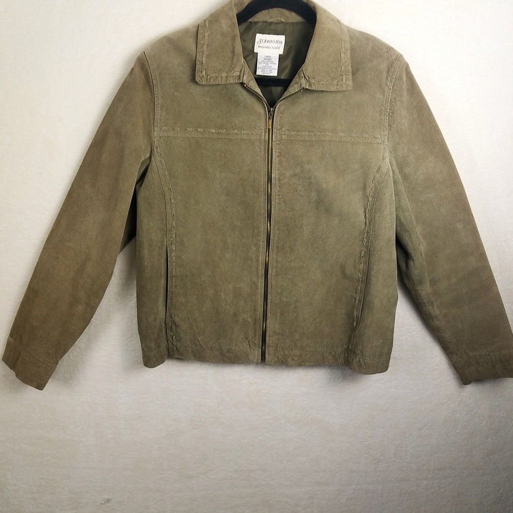 St Johns Bay Washable Suede Jacket Olive Green Zipper Pockets Collared Women's L